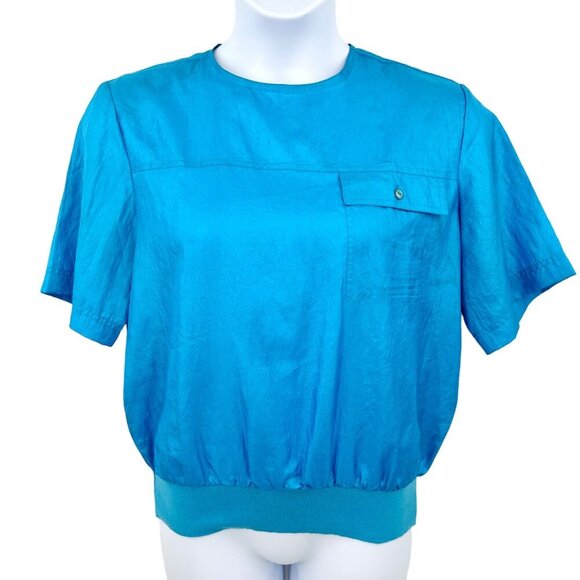 VINTAGE SAKURA SPORT OCEAN BLUE SHORT SLEEVE TOP - L 14/16 - Picture 1 of 4